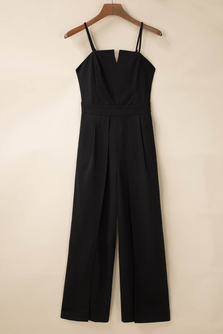 Black Spaghetti Straps Slit Leg Jumpsuit with Pockets