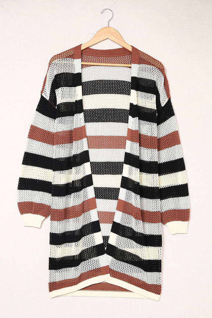 Black Striped Color Block Hollowed Knit Cardigan
