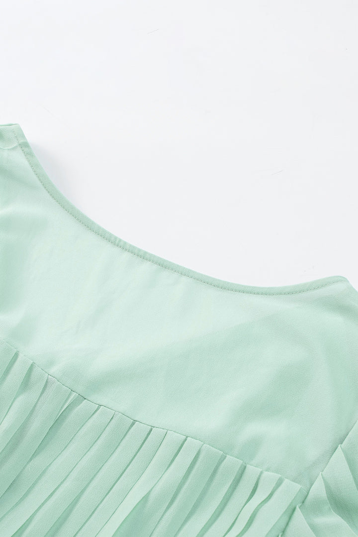 Green Pleated Ruffled Tie Waist Buttons V Neck Romper