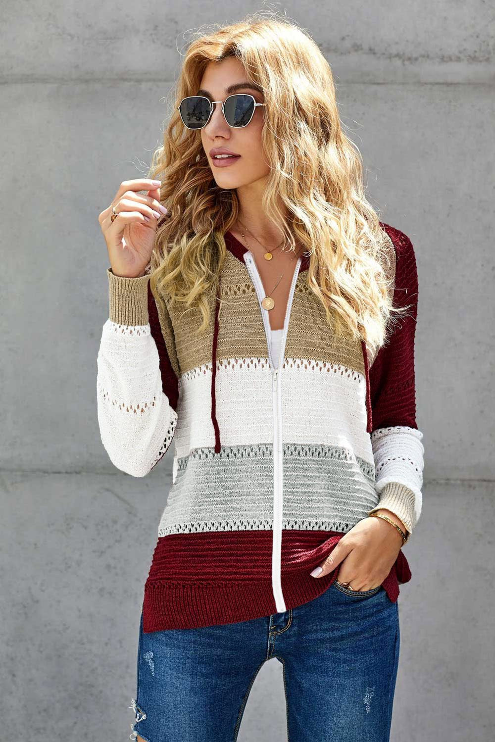 Women's Zipped Front Red Colorblock Hollow-out Knit Hoodie