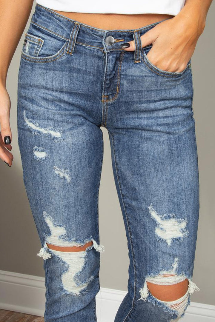 Women's Blue Hollow Out Vintage Skinny Ripped Jeans