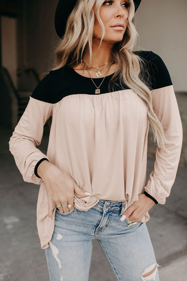 Tunique à manches longues et col rond pour femme, couleur abricot, à blocs de couleurs