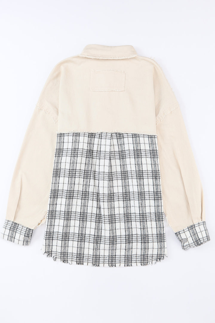 Khaki Distressed Raw Edge Plaid Patchwork Denim Jacket