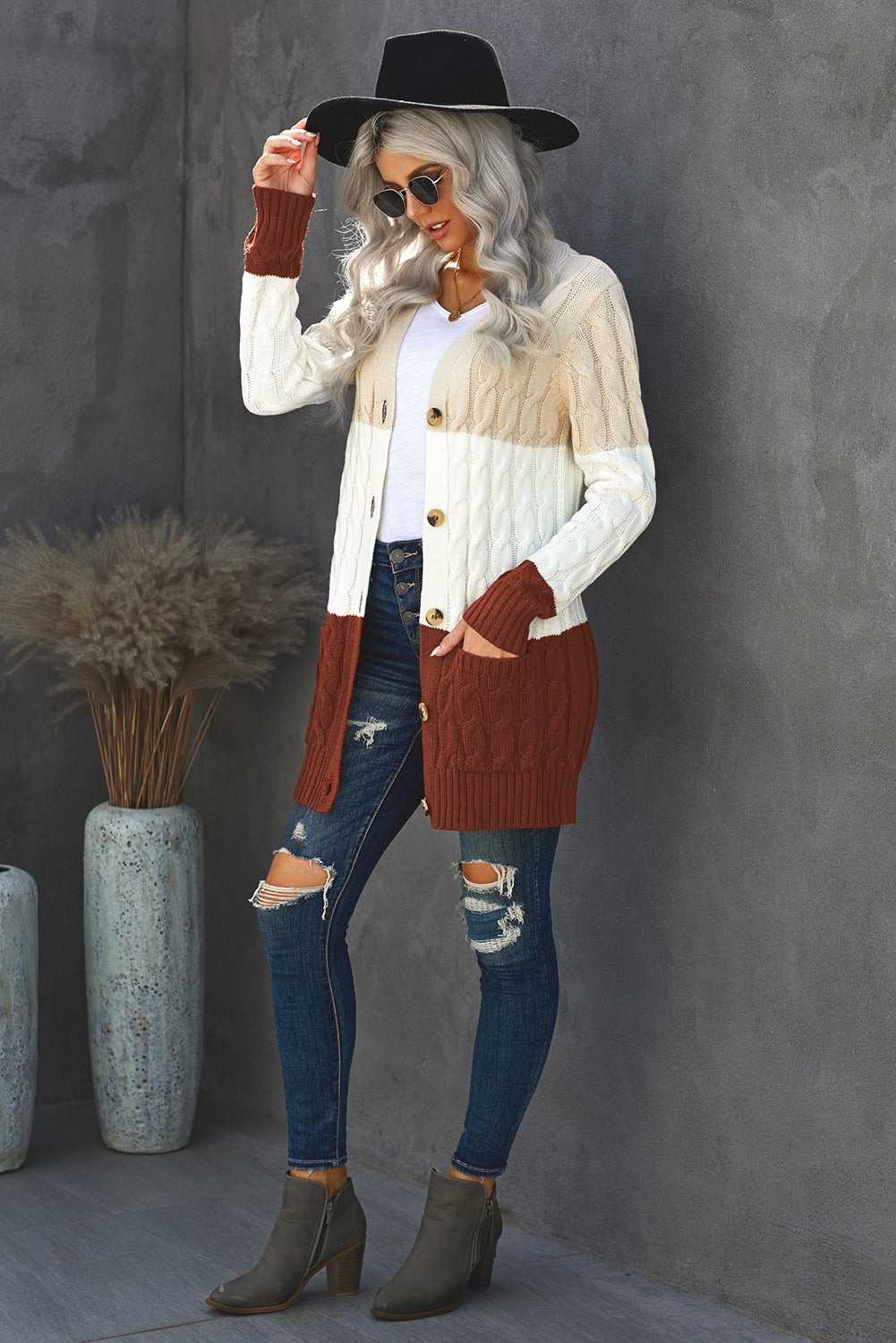 Apricot Red Colorblock Button Pocket Chunky Knit Cardigan