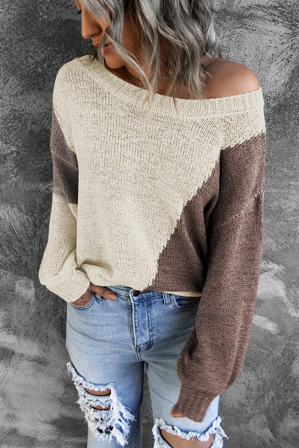 Beige Asymmetric Colorblock Knitted Sweater