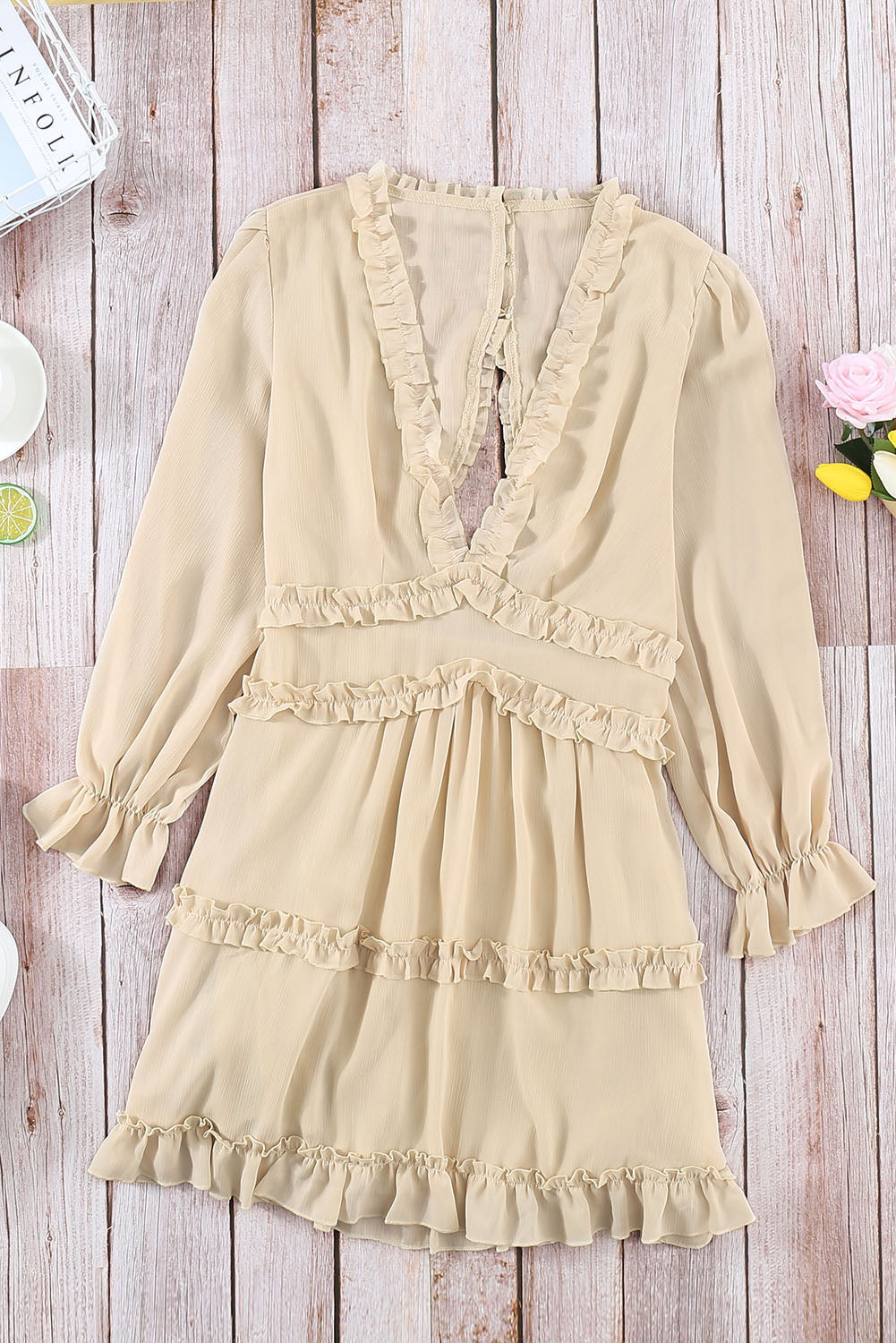 Beige V Neck Ruffle Detailing Open Back Long Sleeve Dress
