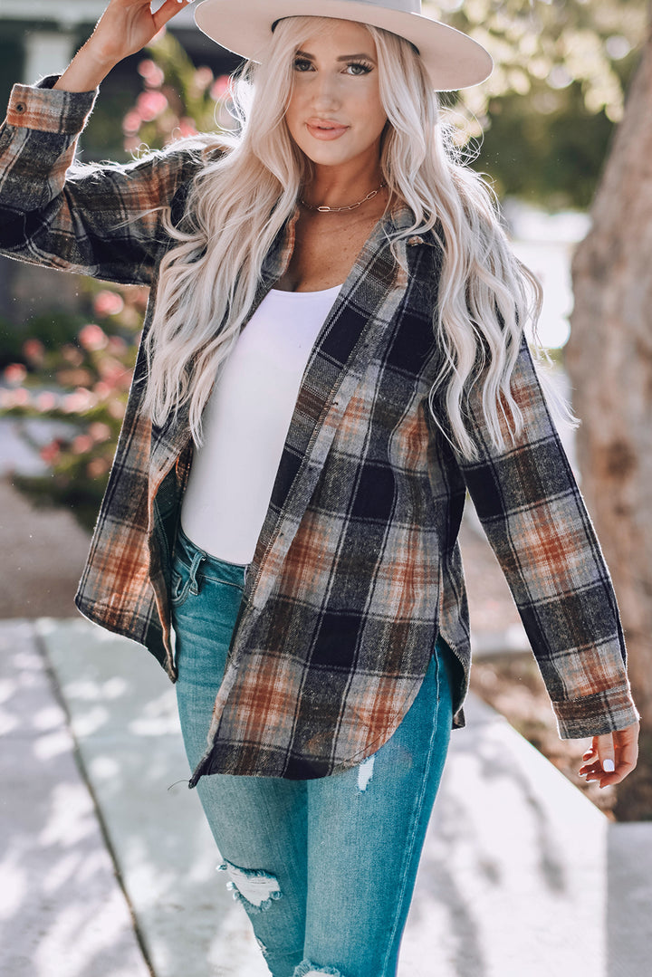 Black Oversize Rounded Hem Plaid Shirt with Slits