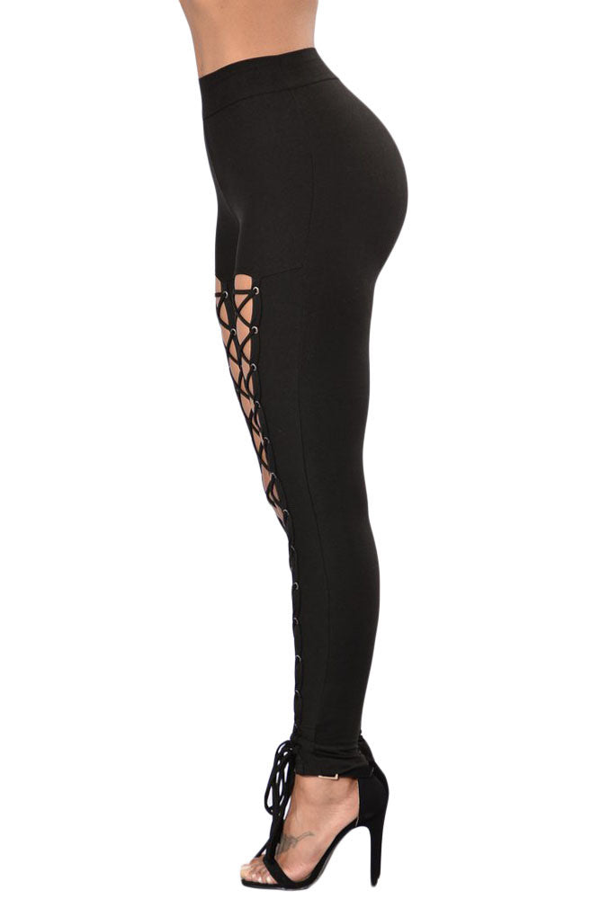 Black Grommet Lace Up Front High Waist Leggings