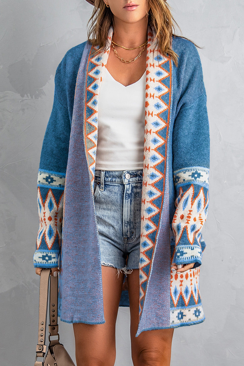 Fashion Blue Aztec Print Open Front Knitted Cardigan