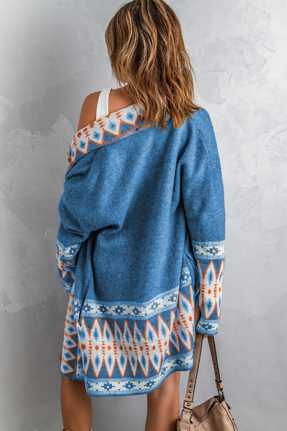 Fashion Blue Aztec Print Open Front Knitted Cardigan