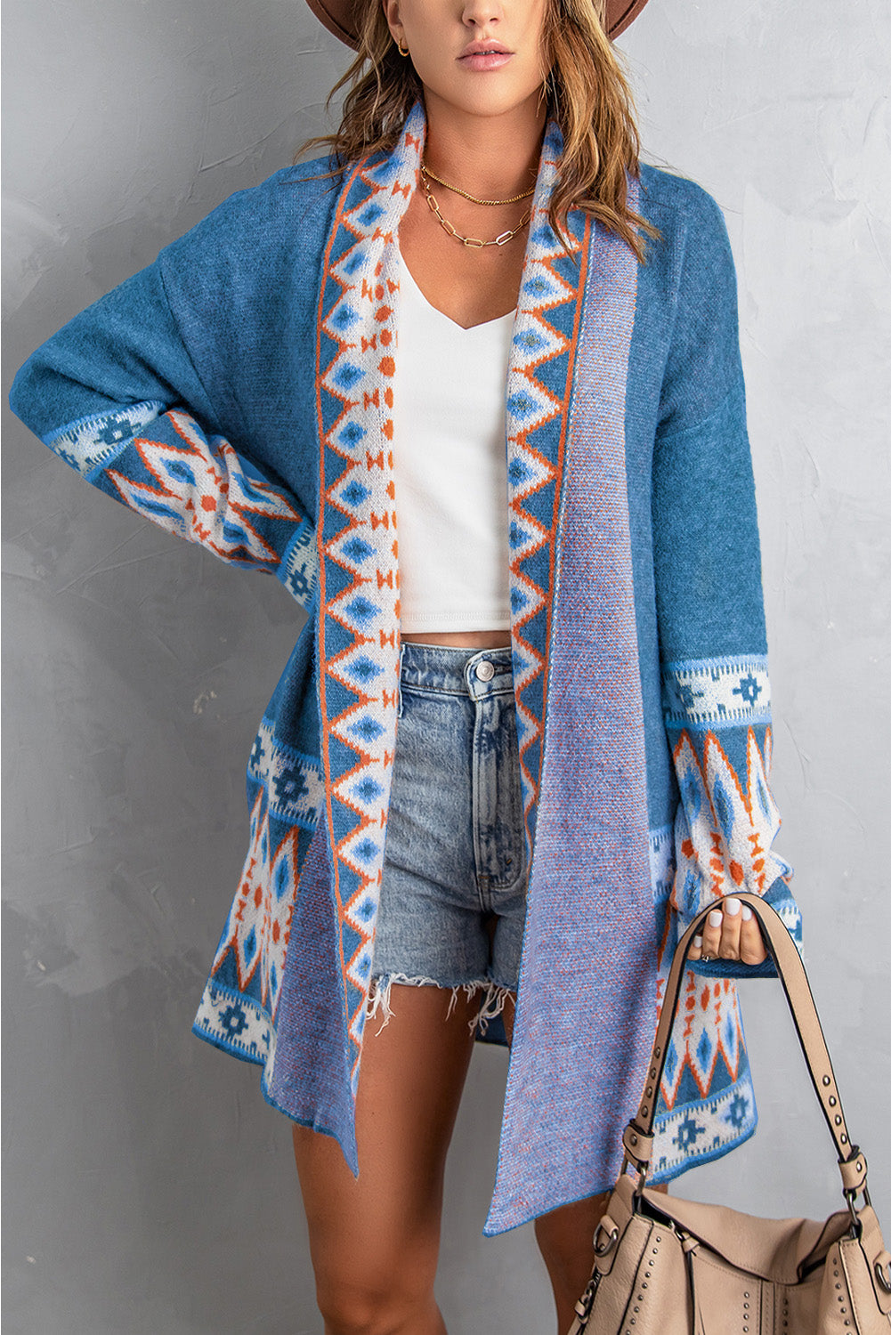 Fashion Blue Aztec Print Open Front Knitted Cardigan