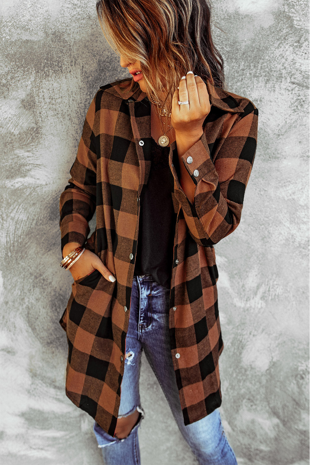 Plaid Print Turn Down Collar Buttoned Shacket