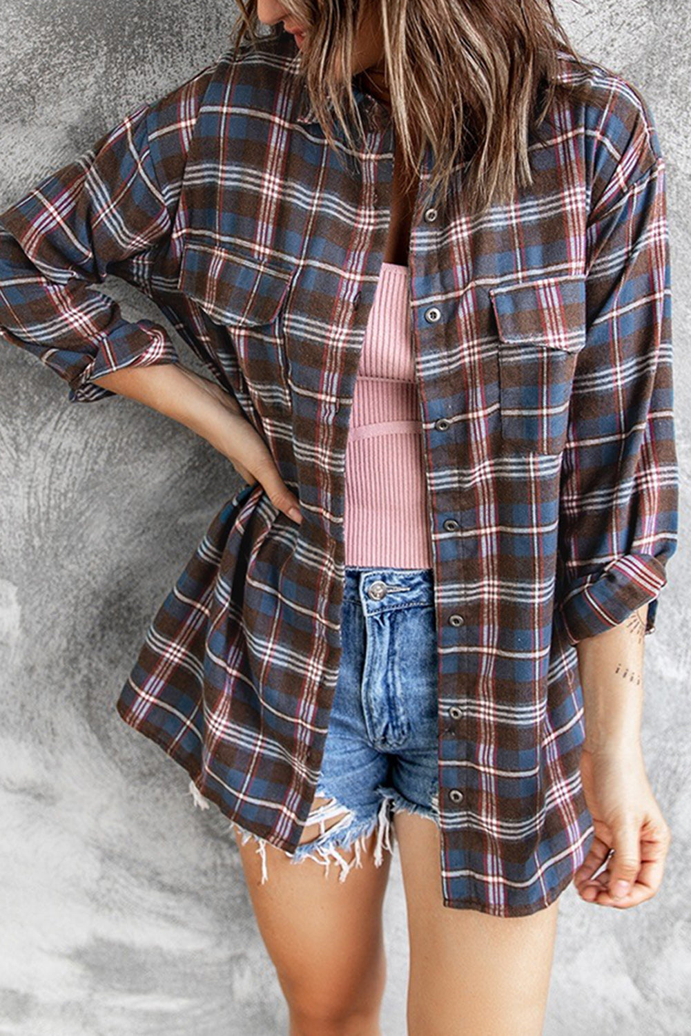 Casual Brown Pocket Buttons Long Sleeve Plaid Shirt