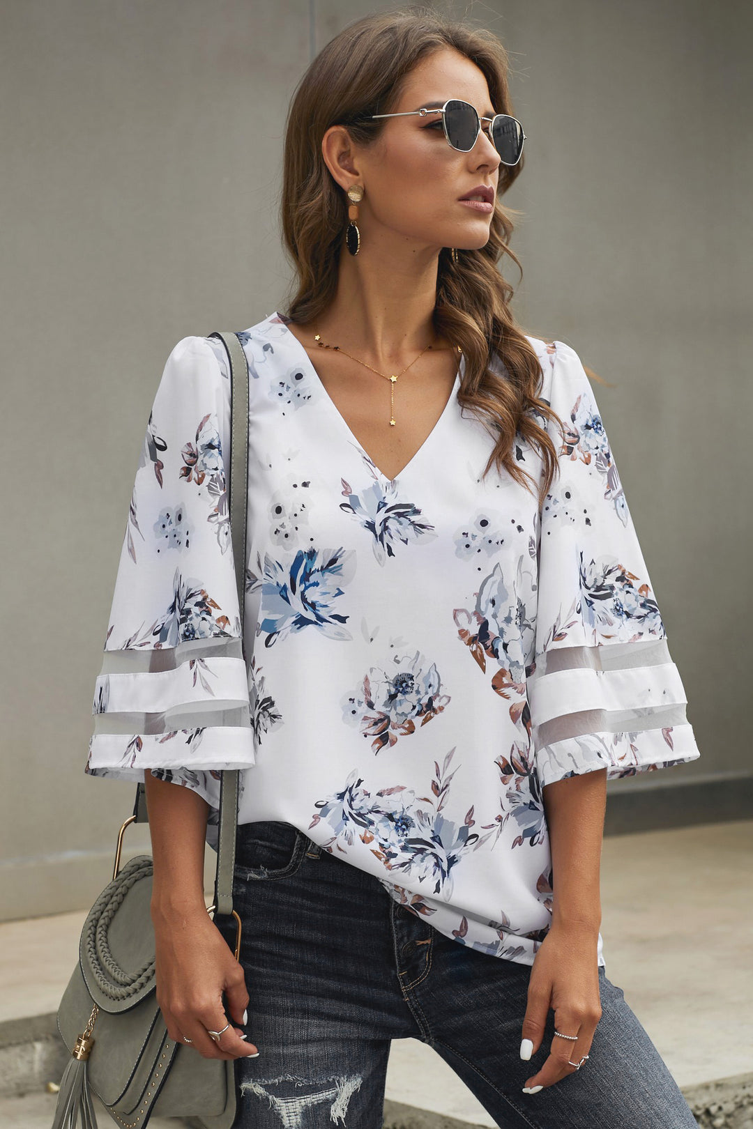 Chic 3/4 Flared Sleeve White Floral Blouse