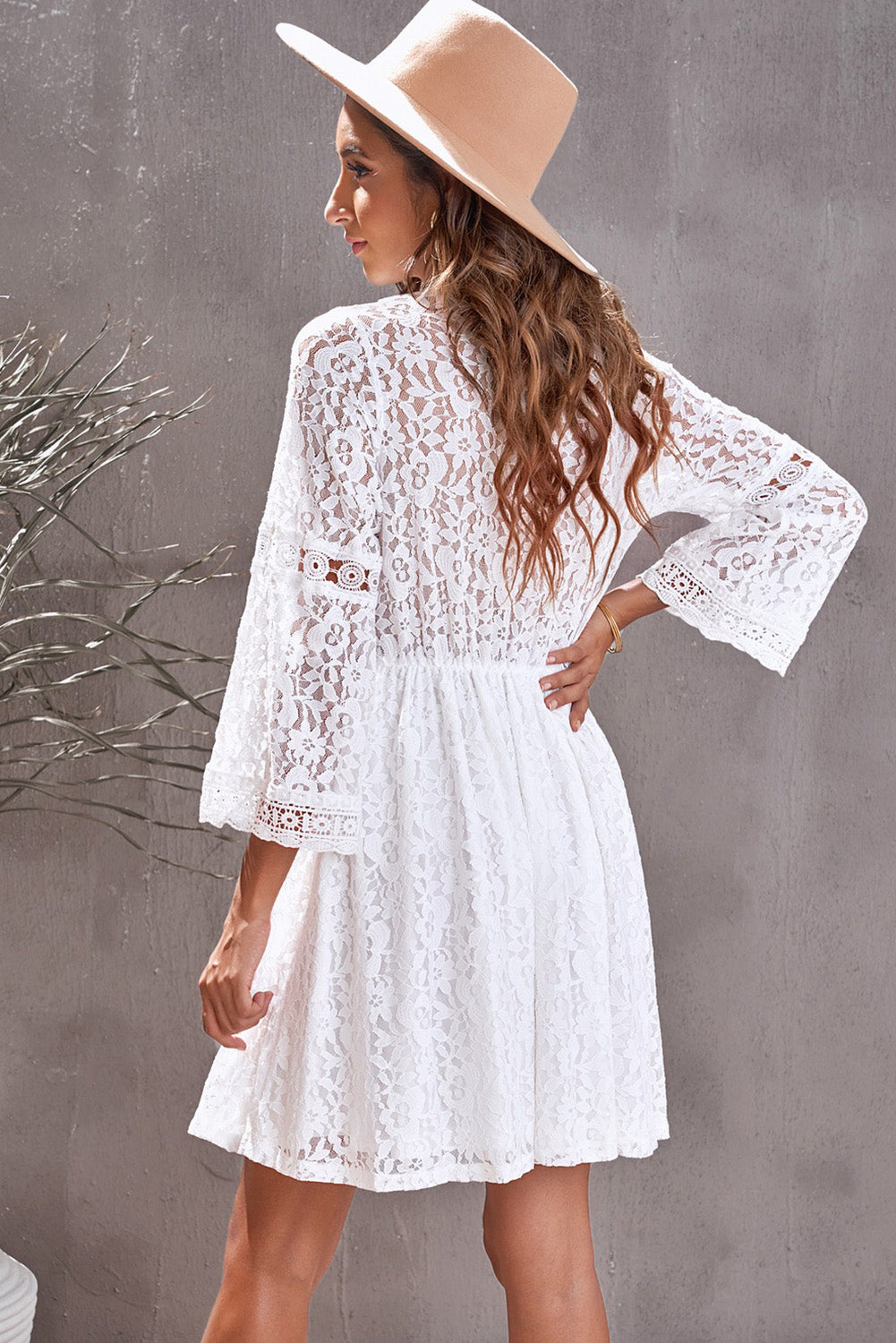 Chic Boho White Lace V Neck See-through Sleeve Mini Dress