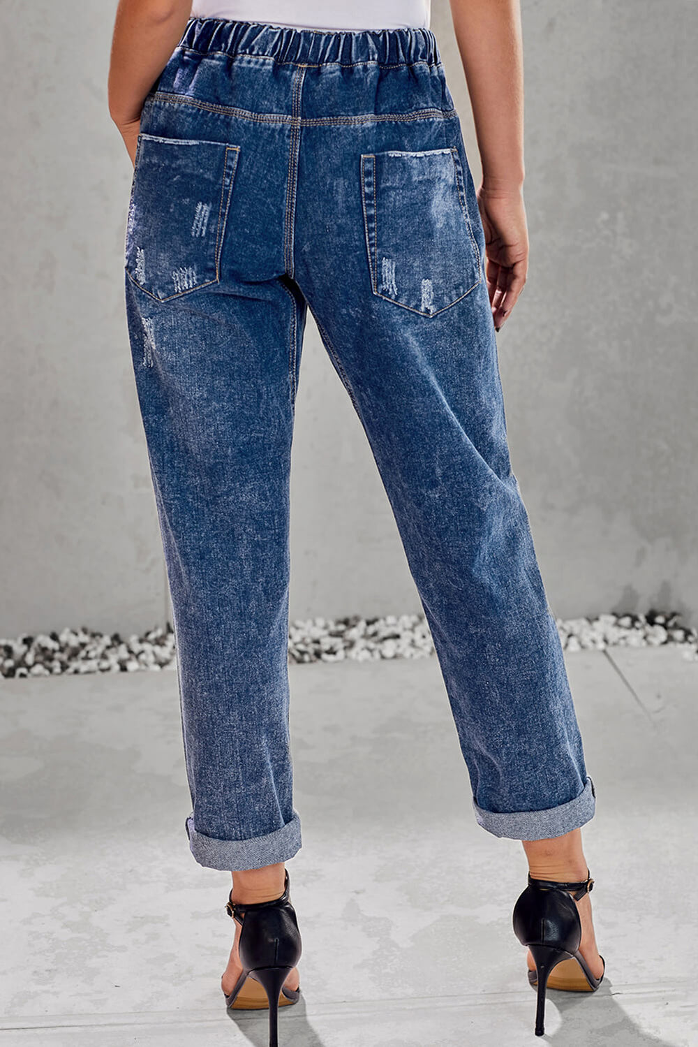 Dark Blue Gather Round Distressed Hole Pocketed Jean Jogger