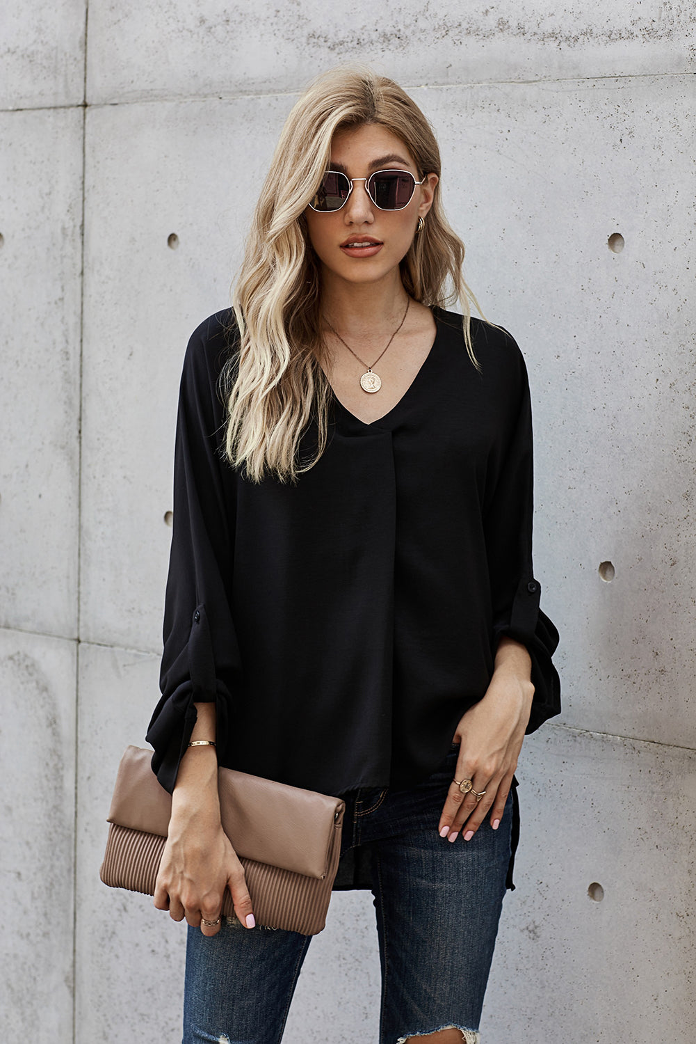 Elegant Black V Neck 3/4 Sleeve High Low Hem Shirt