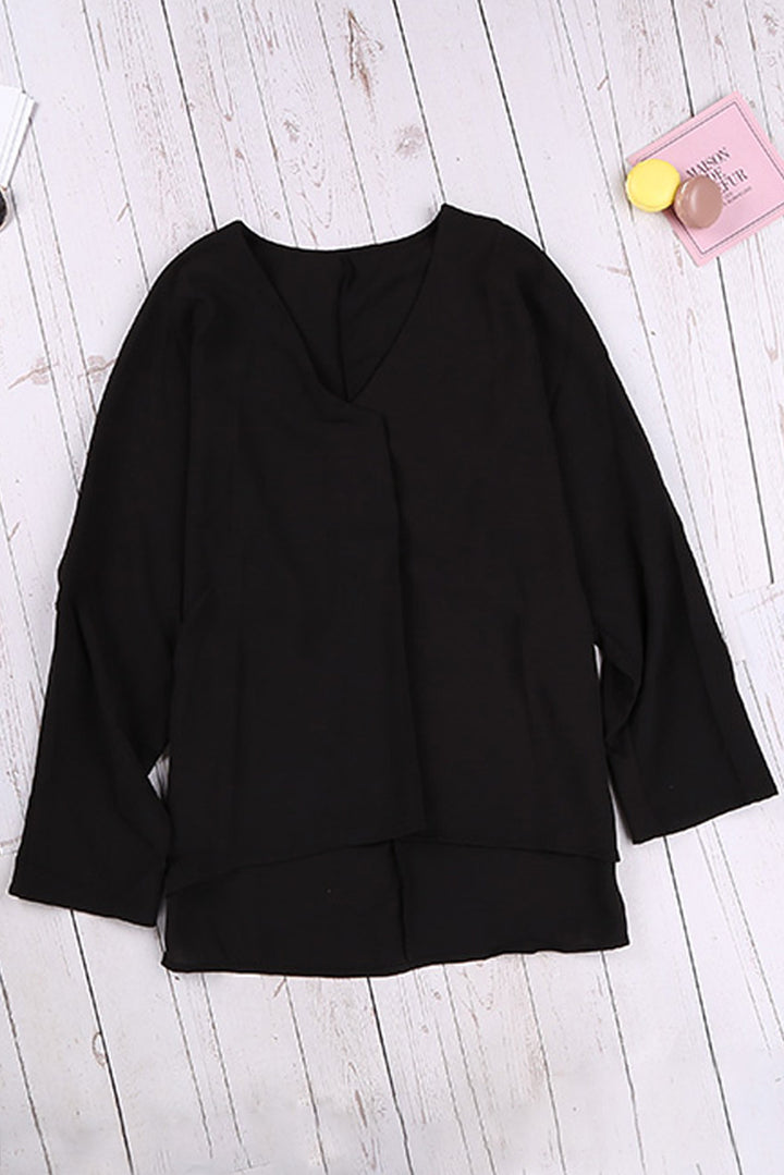 Elegant Black V Neck 3/4 Sleeve High Low Hem Shirt