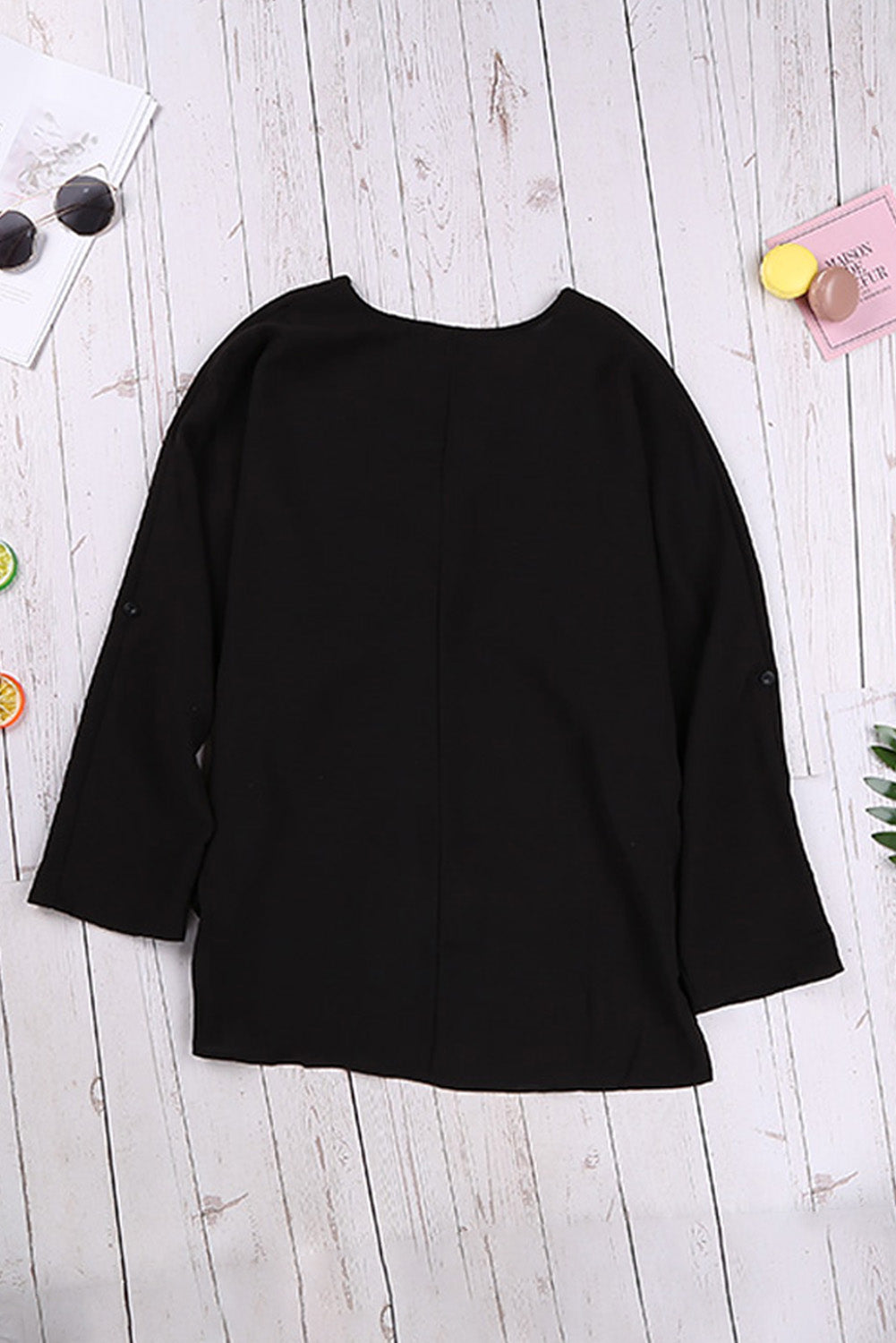 Elegant Black V Neck 3/4 Sleeve High Low Hem Shirt