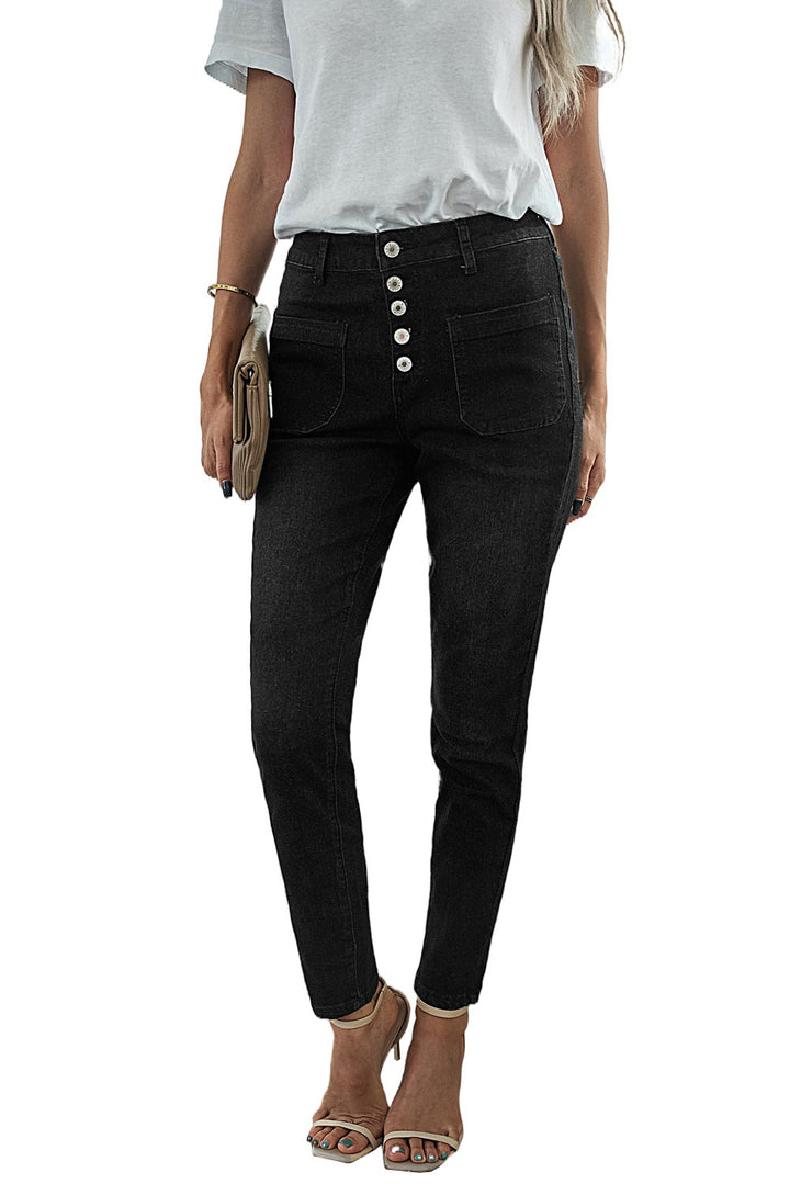 Fashion Women Black Button Fly Skinny Jeans with Pockets