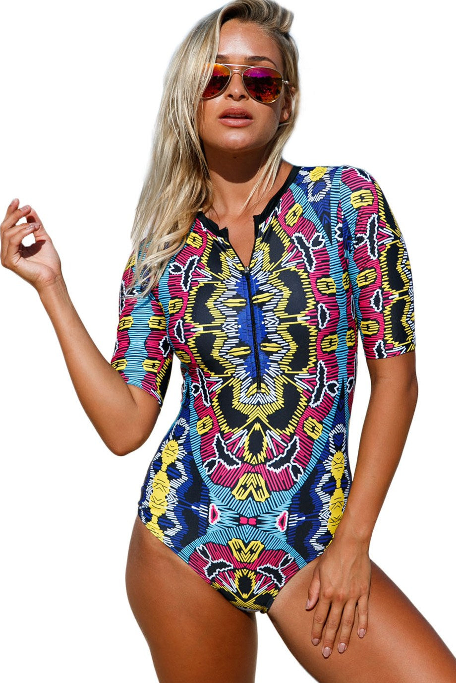 Fashion Abstract Print Zip Front Half Sleeve One Piece Swimsuit