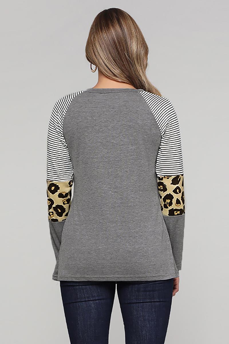 Gray Striped and Leopard Color Block Long Sleeves Top