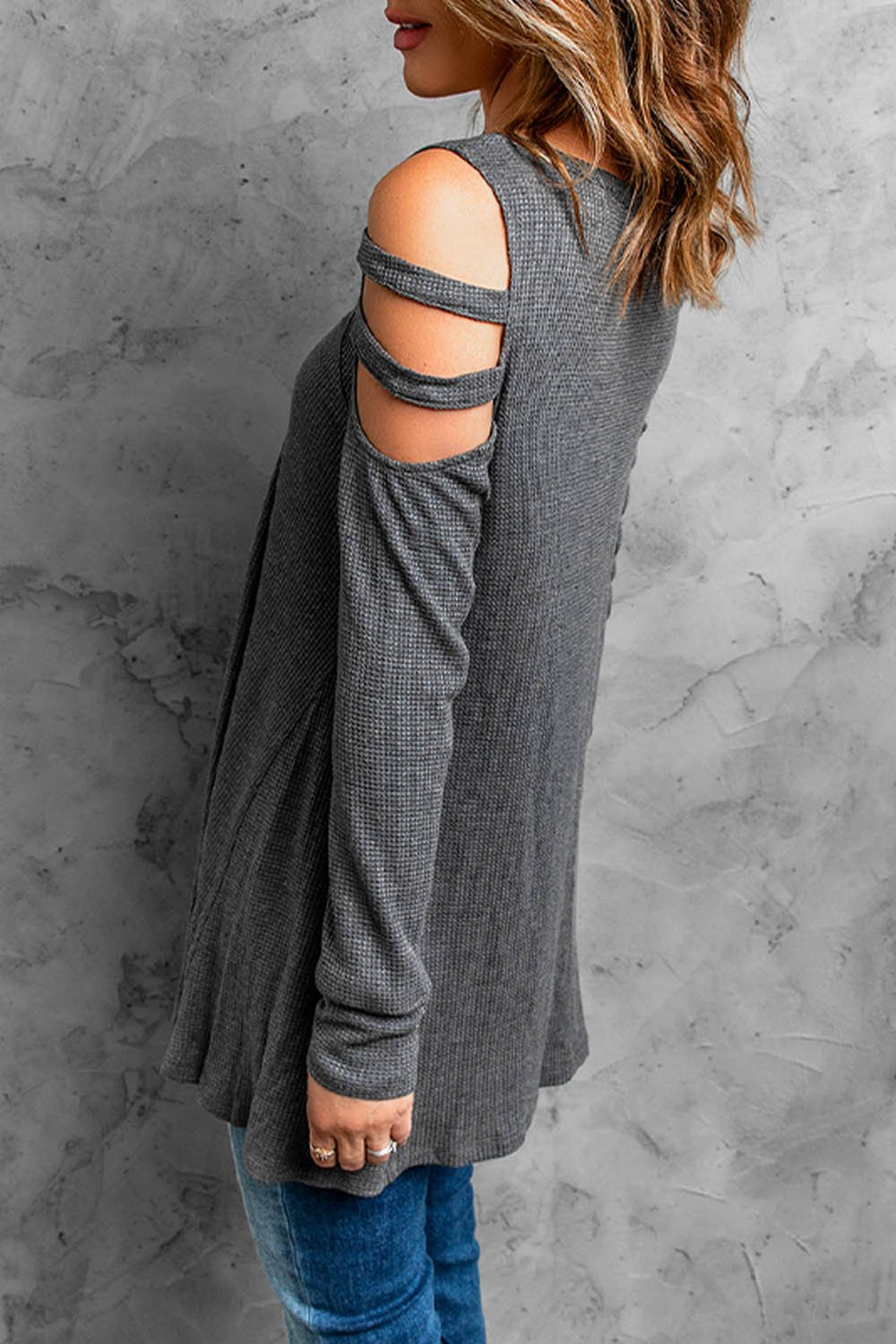 Gray Zip Neck Cut-out Waffle Knit Long Sleeve Tunic Top