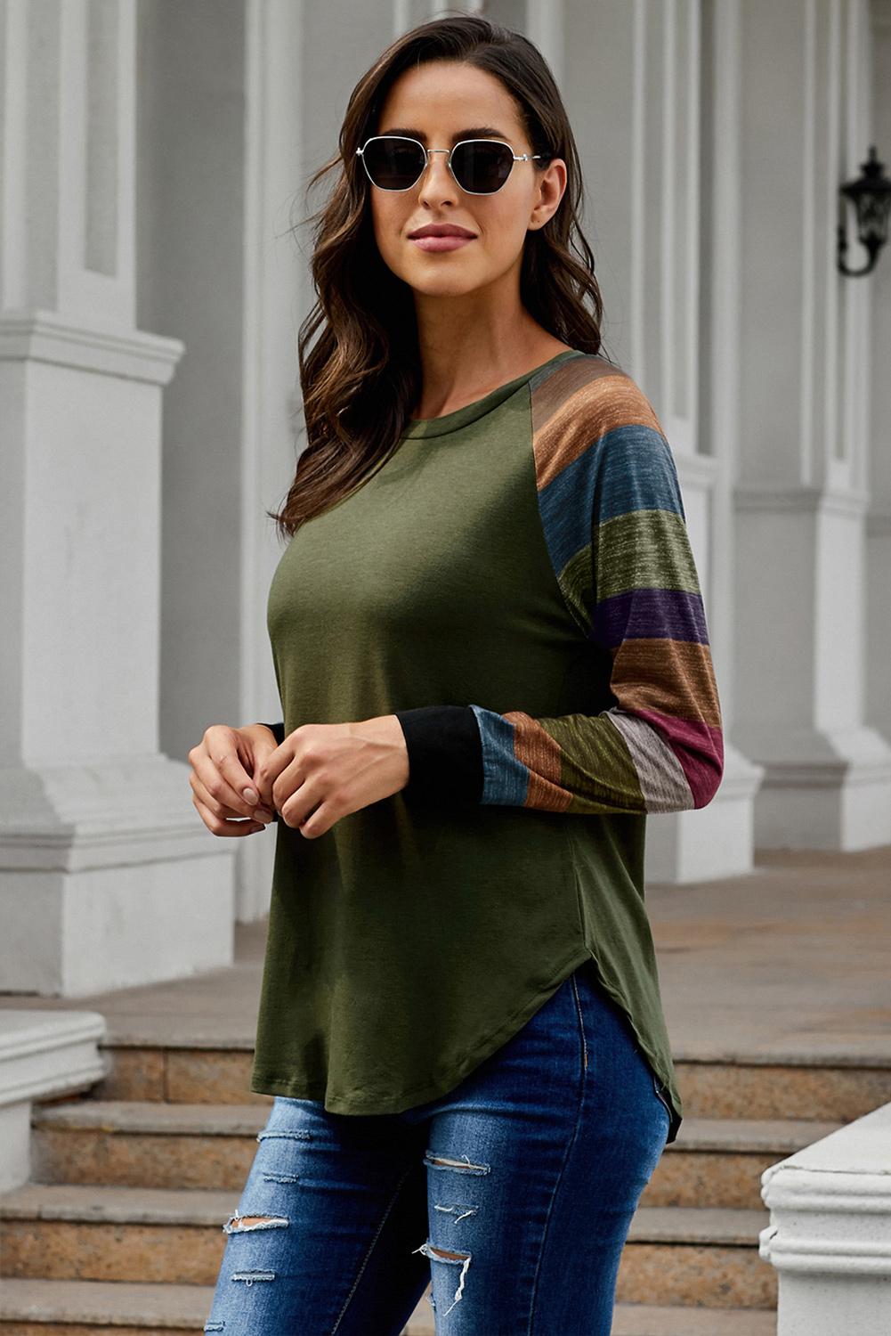 Green Color Block Long Sleeves Pullover Top