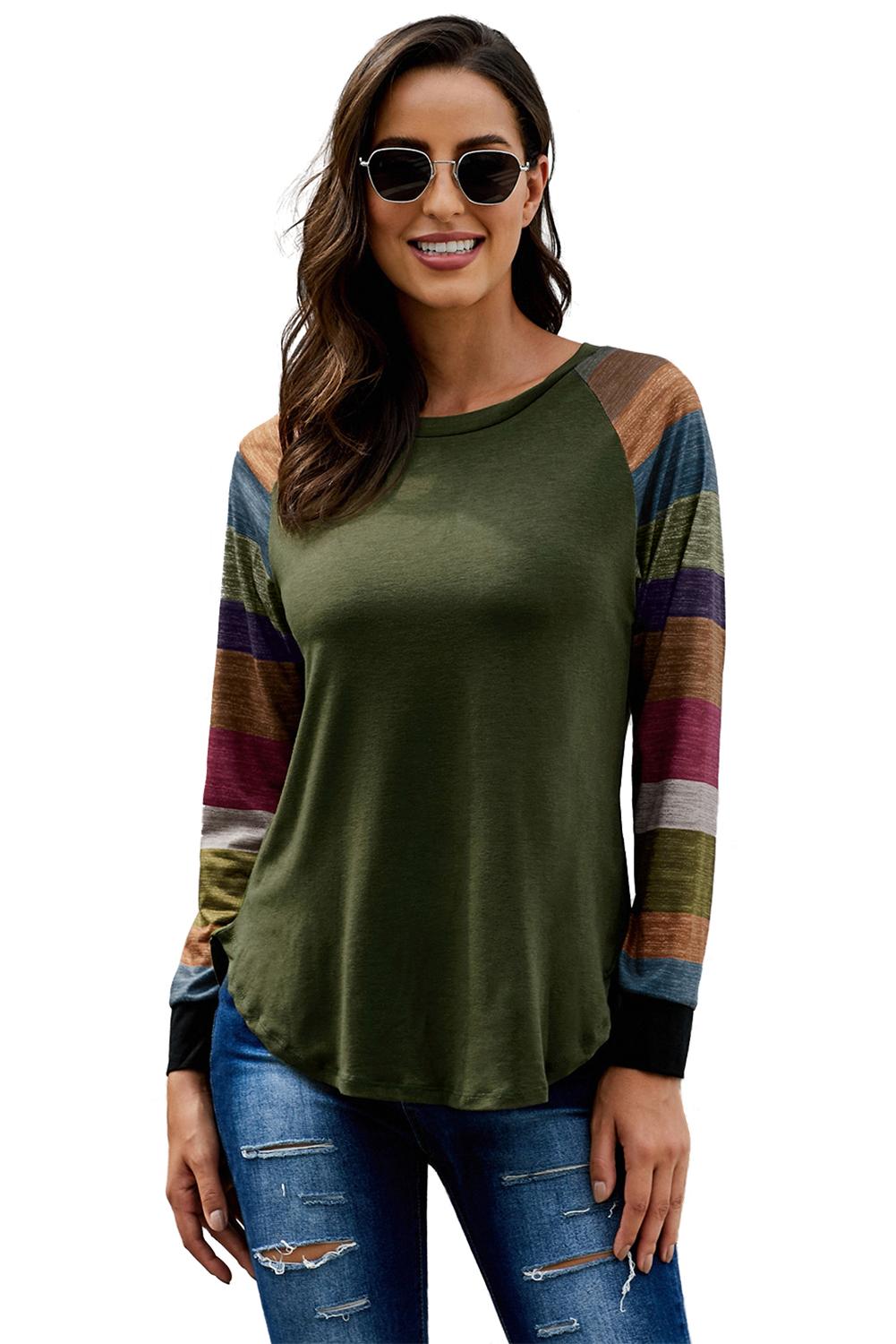 Green Color Block Long Sleeves Pullover Top