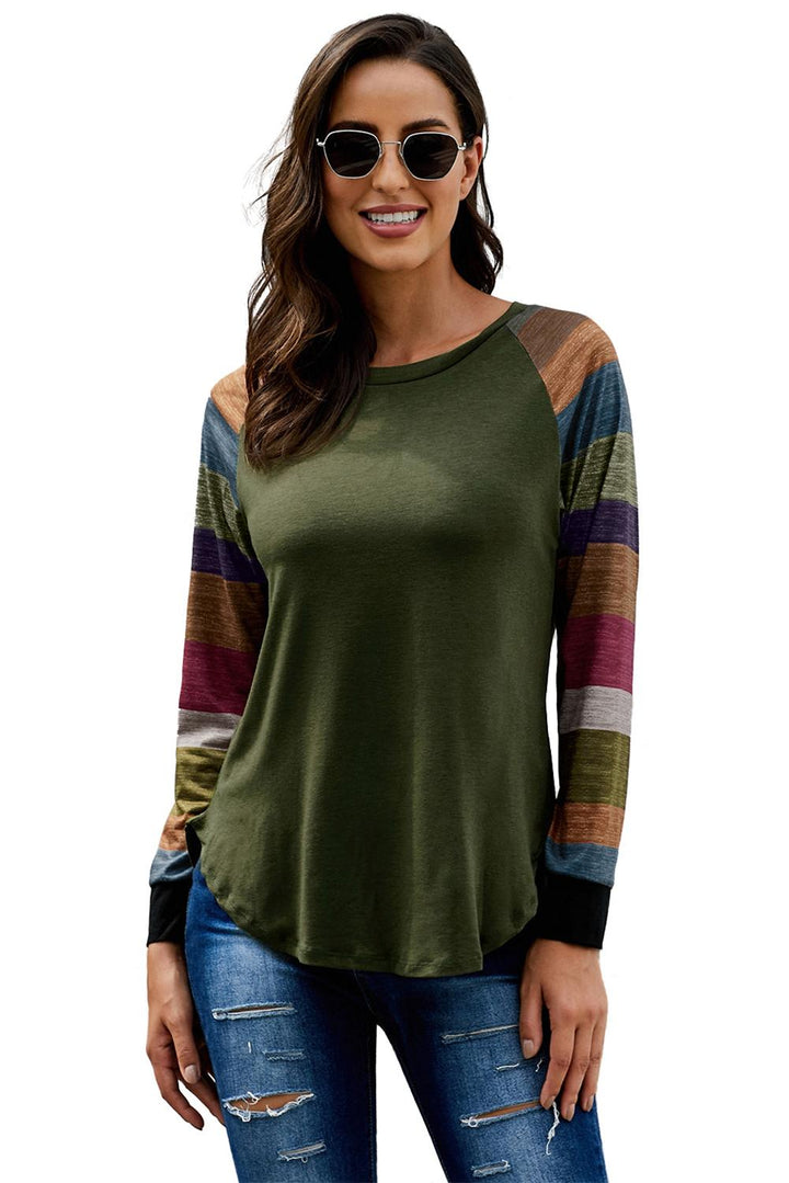 Green Color Block Long Sleeves Pullover Top