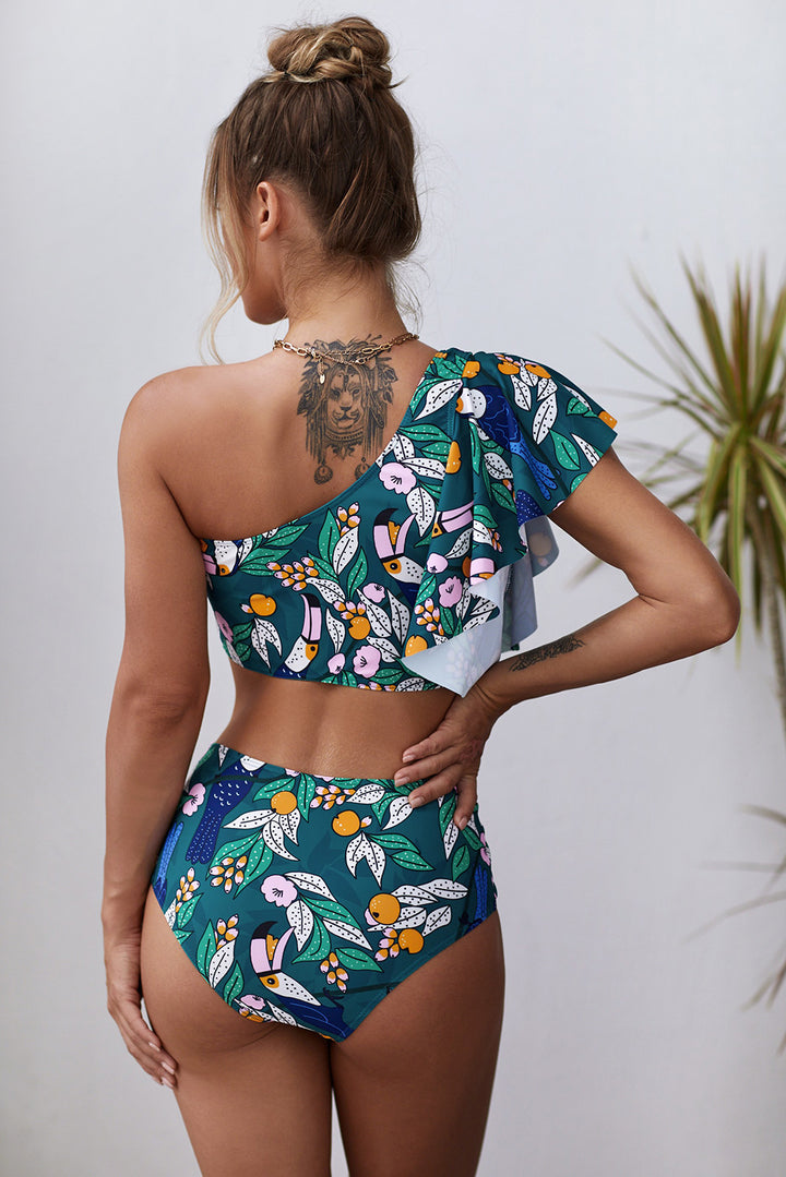 Green Floral Print Ruffled Single Shoulder High Waist Swimsuit