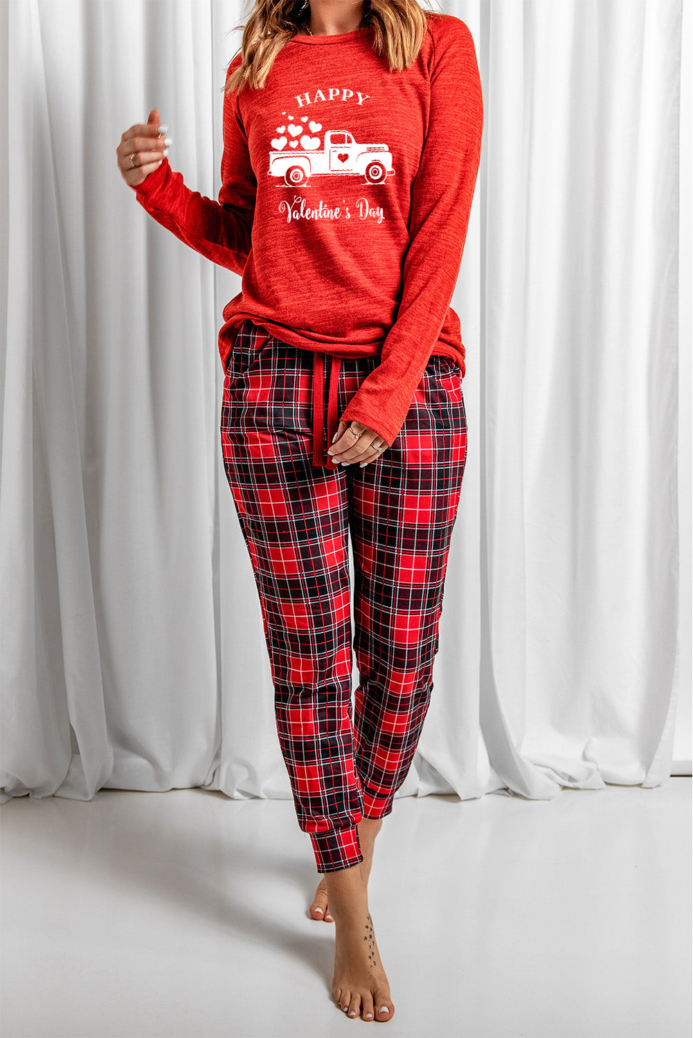 HAPPY Valentine's Day Plaid Long Sleeve Lounge Set