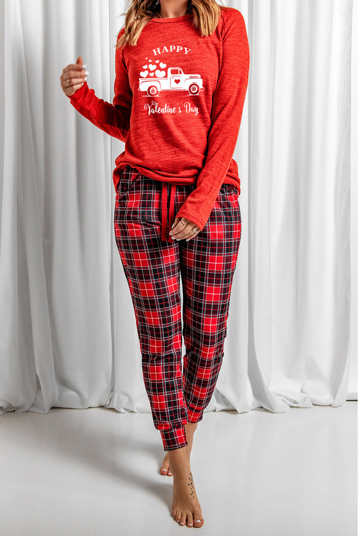 HAPPY Valentine's Day Plaid Long Sleeve Lounge Set