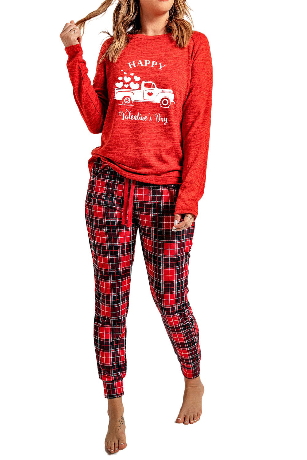 HAPPY Valentine's Day Plaid Long Sleeve Lounge Set