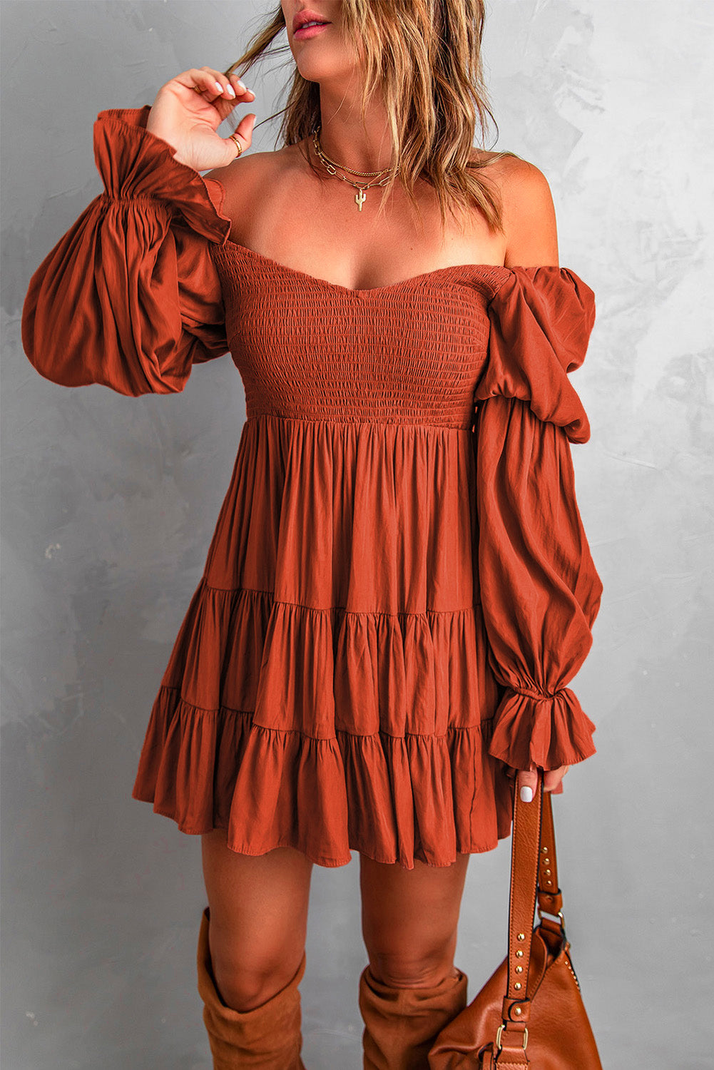 Casual Brown Boho Solid Shirred Ruffle Mini Dress ModeShe Casual Brown Boho Solid Shirred Ruffle Mini Dress ModeShe
