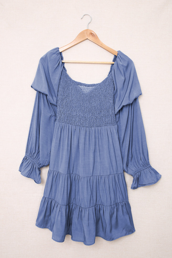Blue Boho Solid Shirred Ruffle Off Shoulder Mini Dress