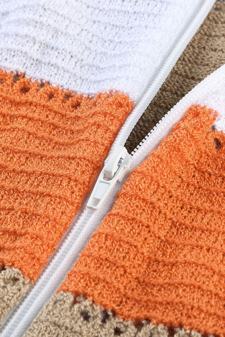 Grauer Colorblock-Hoodie aus Strick mit Reißverschluss vorne für Damen