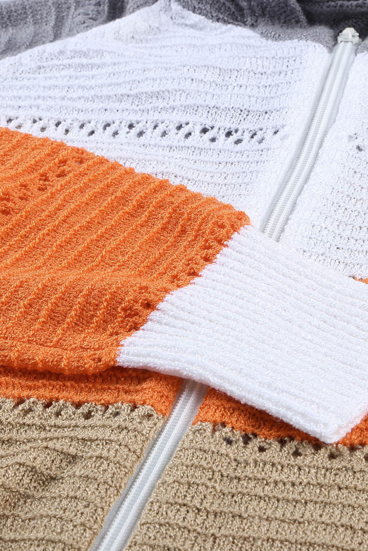 Grauer Colorblock-Hoodie aus Strick mit Reißverschluss vorne für Damen