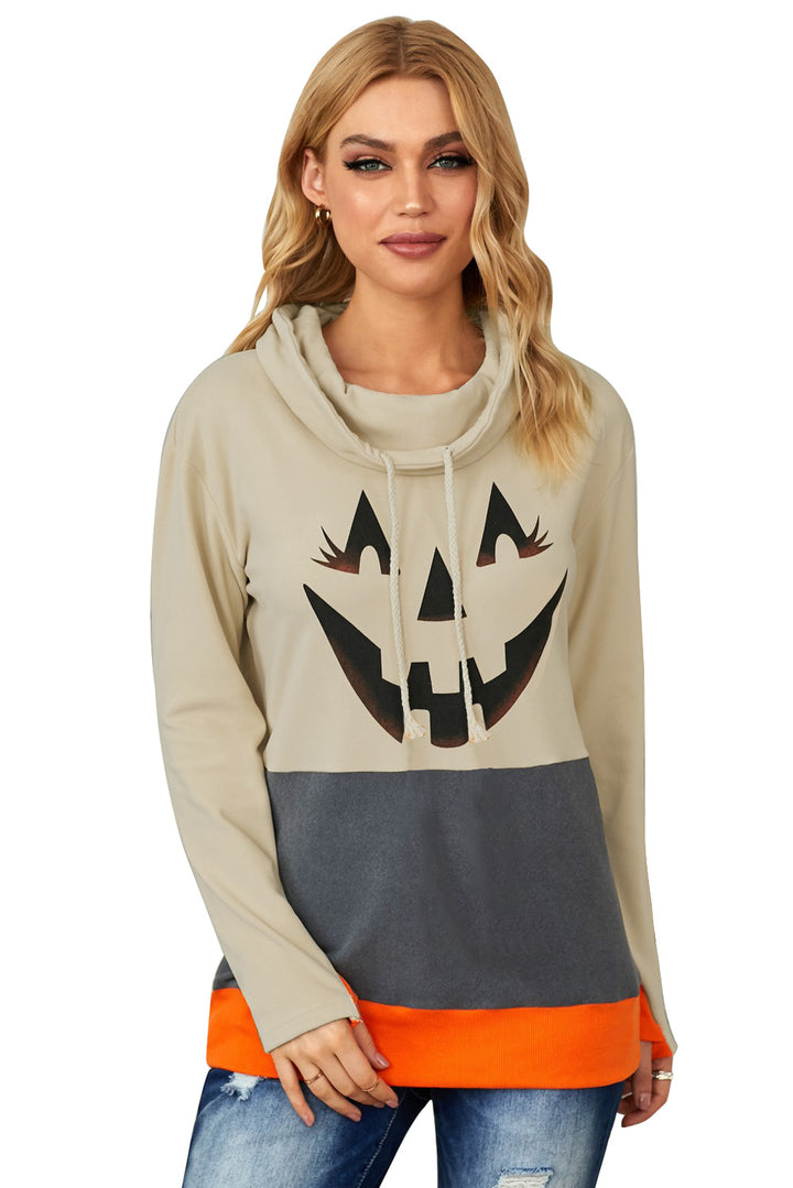 Graues Halloween-Sweatshirt mit Wasserfallausschnitt und Kürbis-Print in Farbblock-Optik