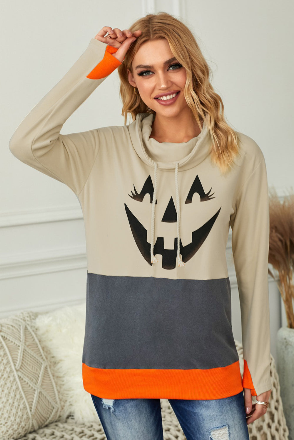 Gray Cowl Neck Pumpkin Print Color Block Halloween Sweatshirt