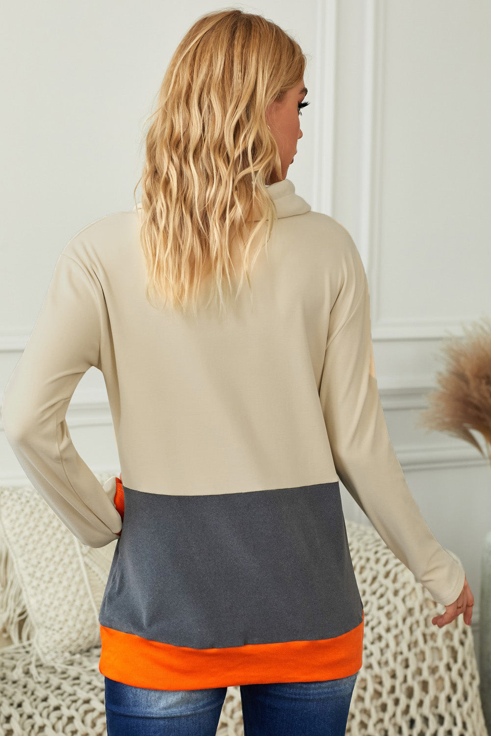 Gray Cowl Neck Pumpkin Print Color Block Halloween Sweatshirt