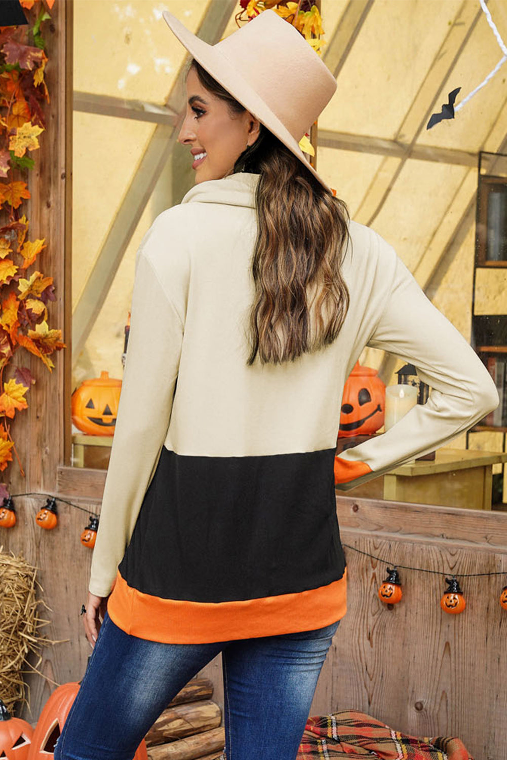 Cowl Neck Pumpkin Print Color Block Halloween Sweatshirt