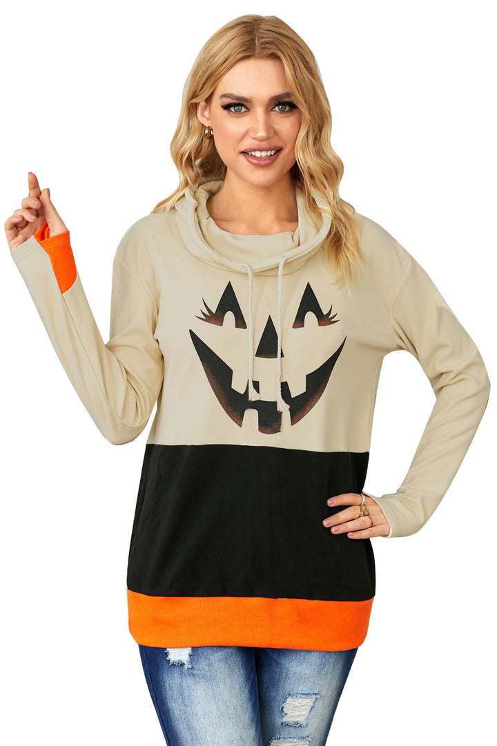 Süßes schwarzes Halloween-Sweatshirt mit Wasserfallausschnitt und Kürbis-Print in Farbblock-Optik