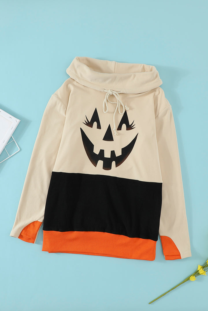 Süßes schwarzes Halloween-Sweatshirt mit Wasserfallausschnitt und Kürbis-Print in Farbblock-Optik