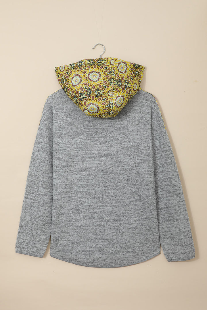 Women's Gray Tribal Print Vintage Drawstring Hoodie