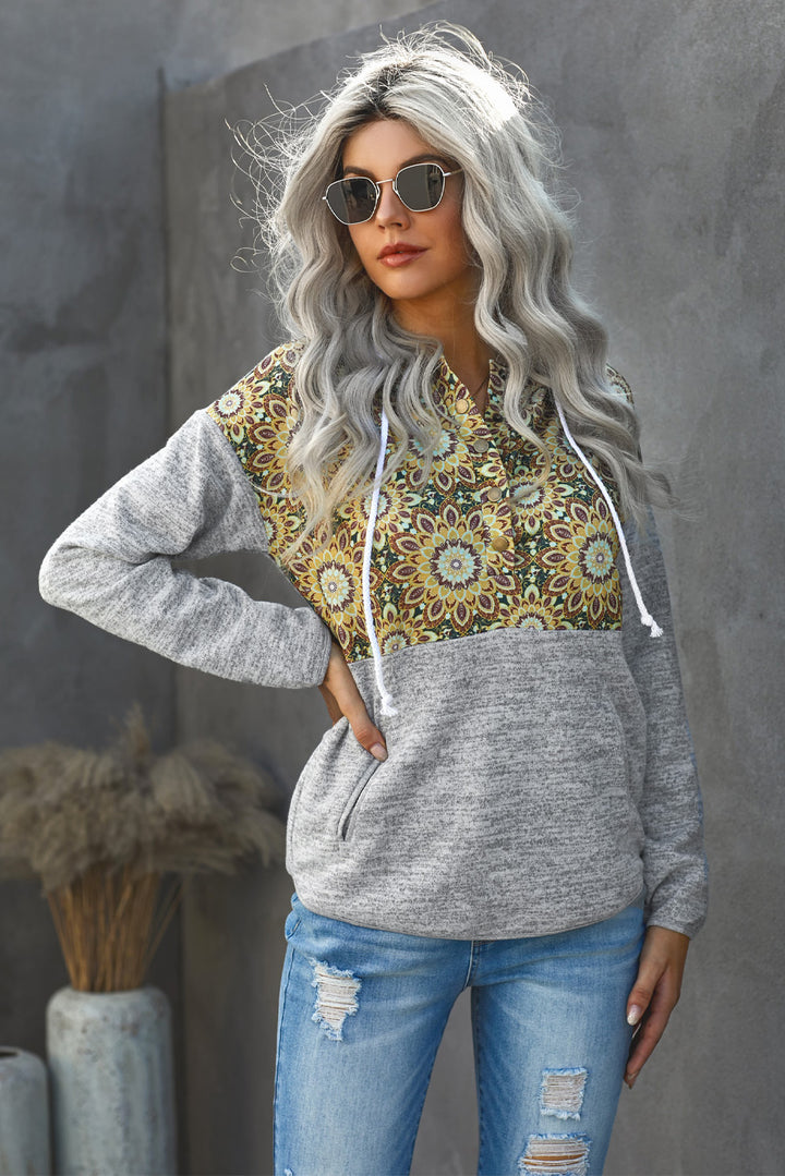 Women's Gray Tribal Print Vintage Drawstring Hoodie