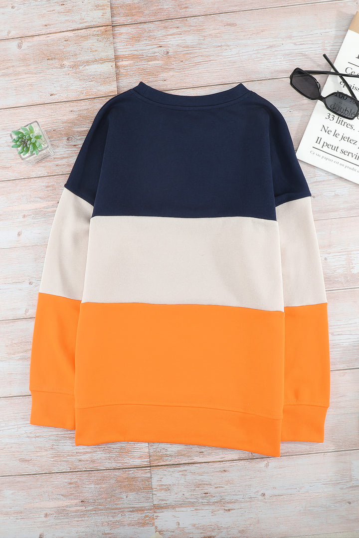 Casual Colorblock Orange Contrast Stitching Sweatshirt with Slits