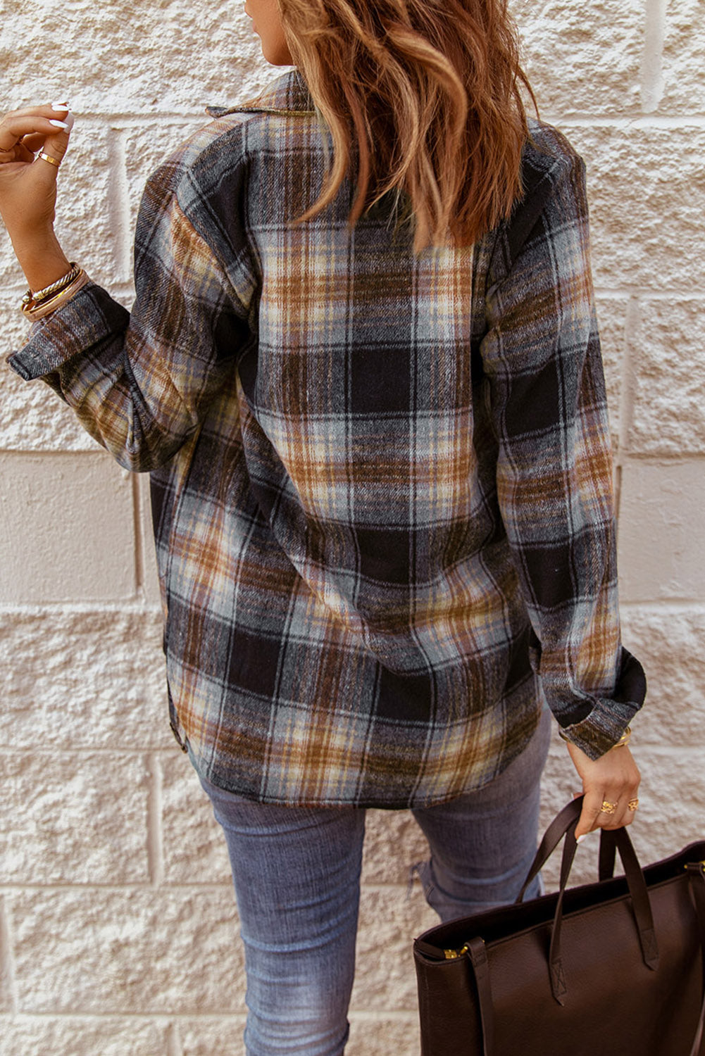 Black Oversize Rounded Hem Plaid Shirt