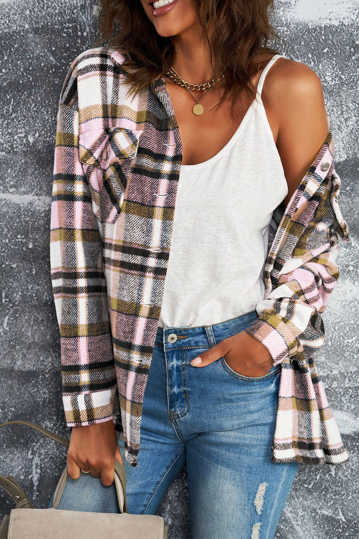 Womens Pink Geometric Plaid Print Shirt Shacket