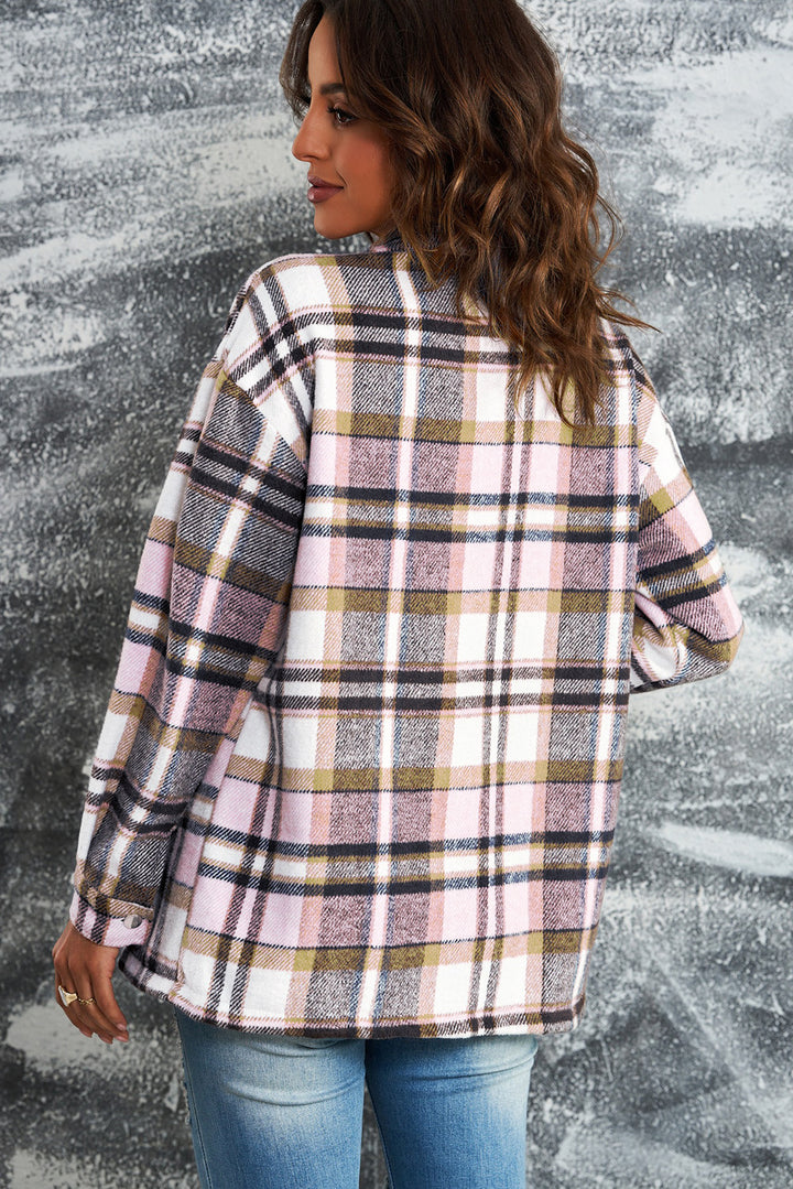 Womens Pink Geometric Plaid Print Shirt Shacket